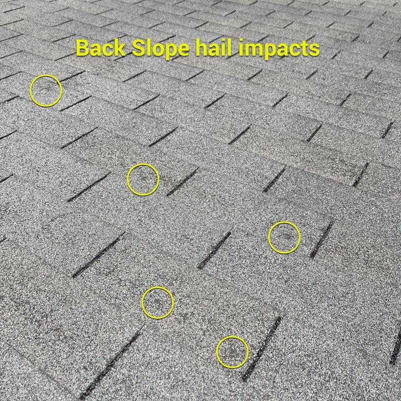 Asphalt shingle hail impacts on roof back slope