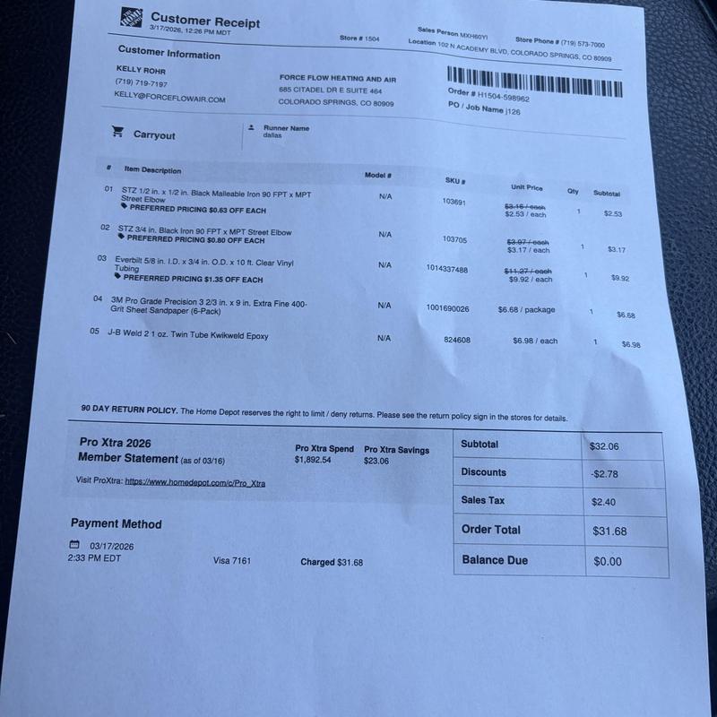 Heating system pipe fittings and tubing purchase receipt