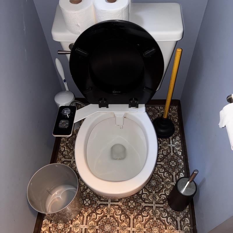 Toto Drake round bowl toilet with black seat installed