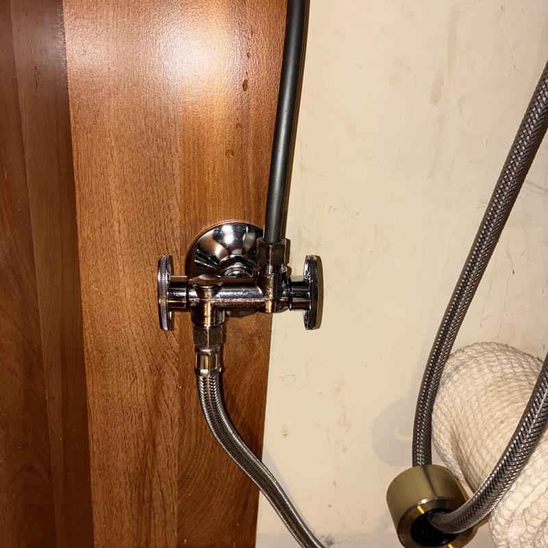 Dual angle stop valve with water supply lines installed