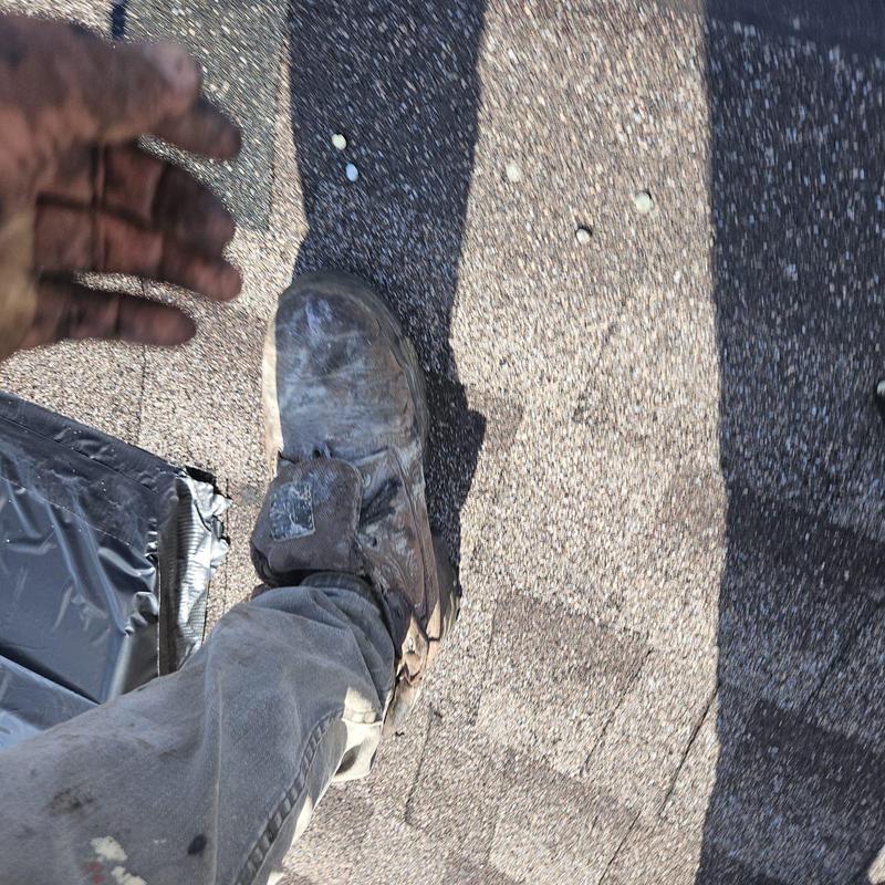 Shingle roof with damaged and missing wood visible