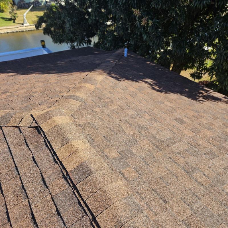 Shingle roof with replaced damaged shingles and ridge cap