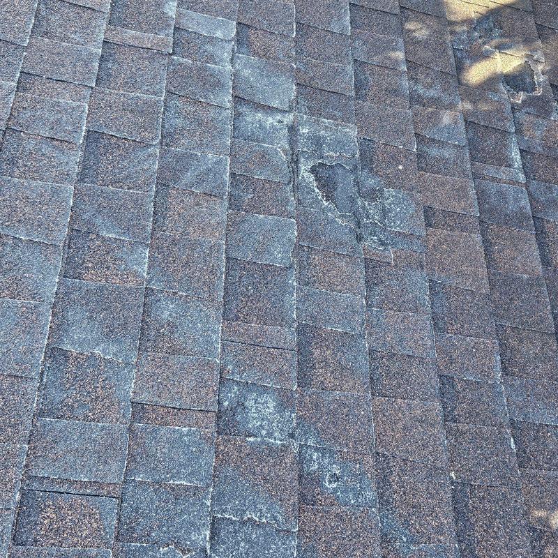 Asphalt shingles with damage and wear on roof