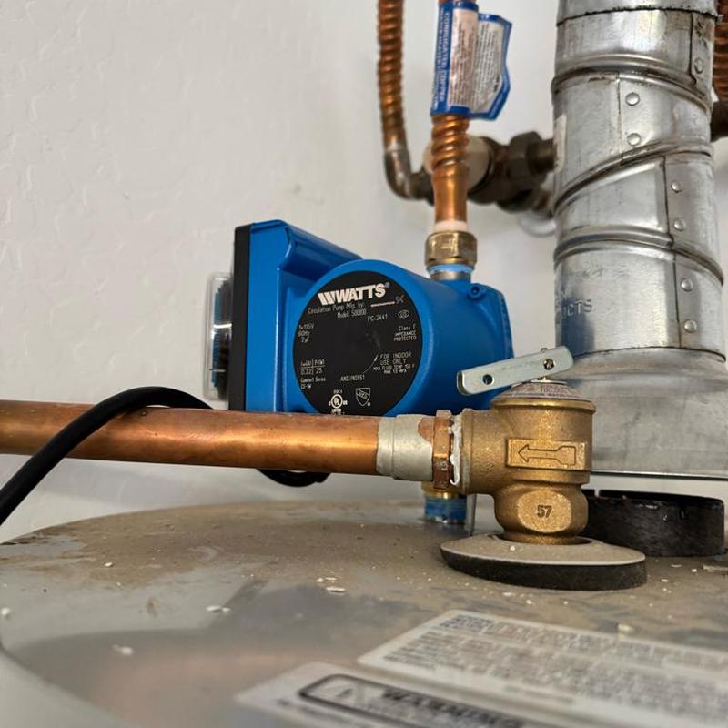Water heater recirculation pump and mixing valve installation