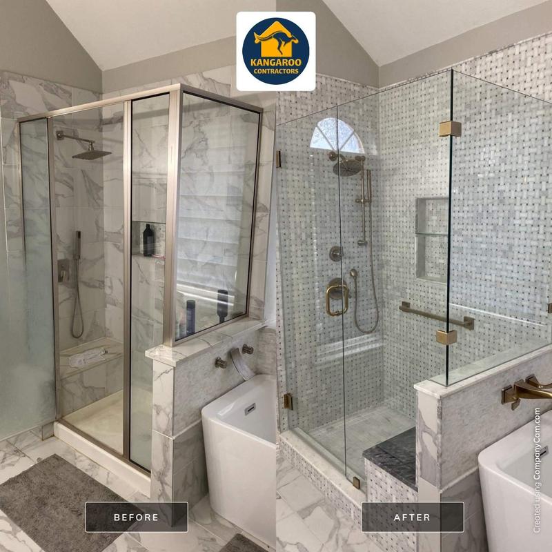 Frameless glass shower enclosure with tile bench seat