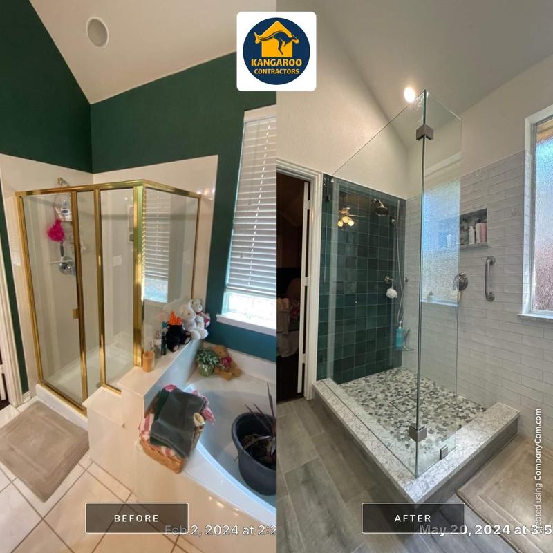 Glass shower enclosure with stone tile floor upgrade