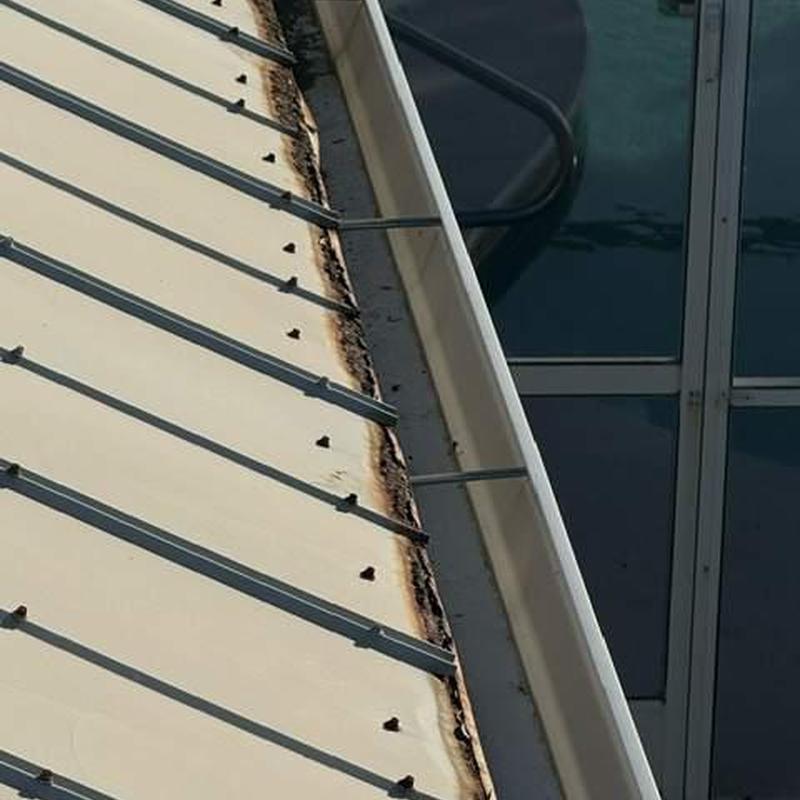 5V metal roof edge corrosion and fasteners close-up