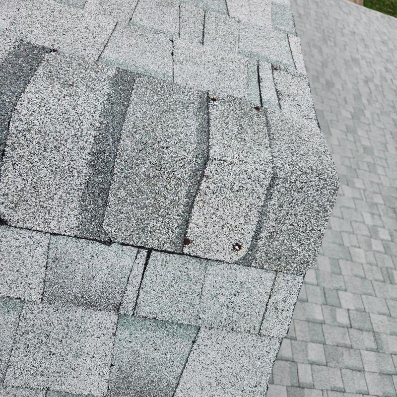 Roof shingles with exposed fasteners and damaged edges