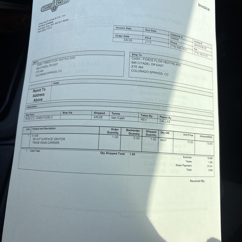 Hot surface ignitor for Trane IGN26 carrier system invoice