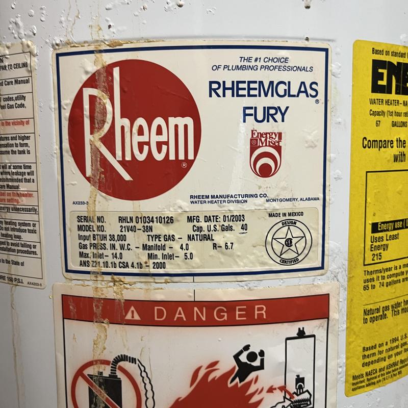 Water heater label Rheem Glas Fury model details