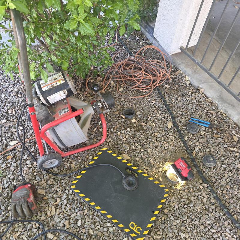 Main sewer line cleaning equipment and tools onsite