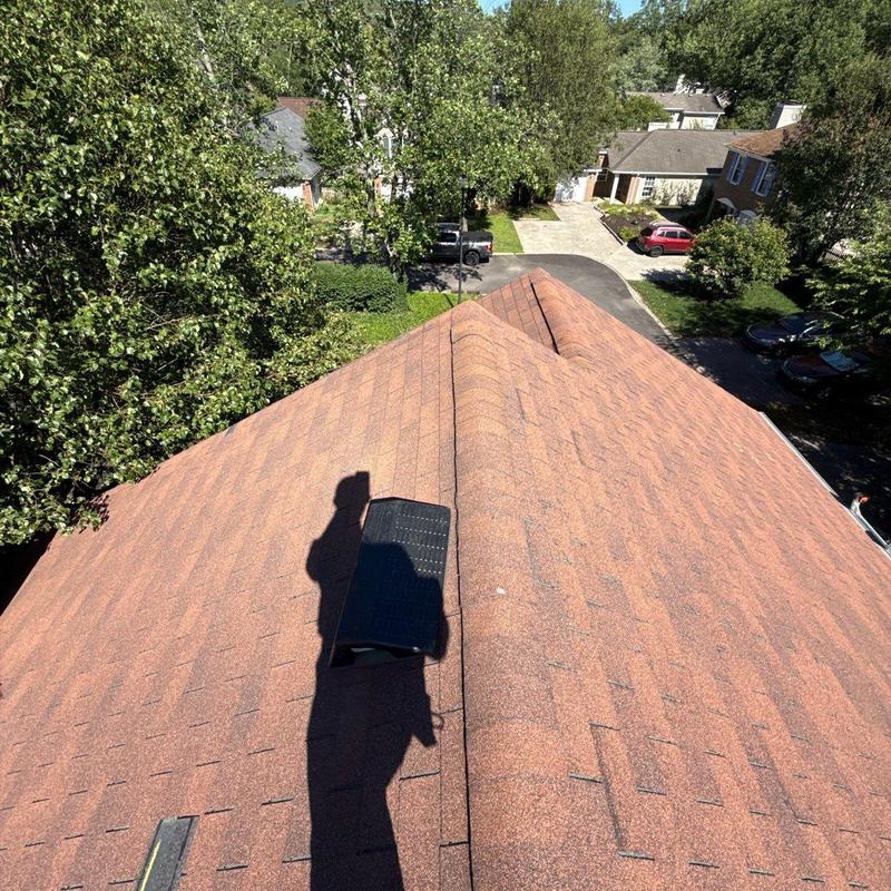 Asphalt shingle roof with ridge vent and shadow
