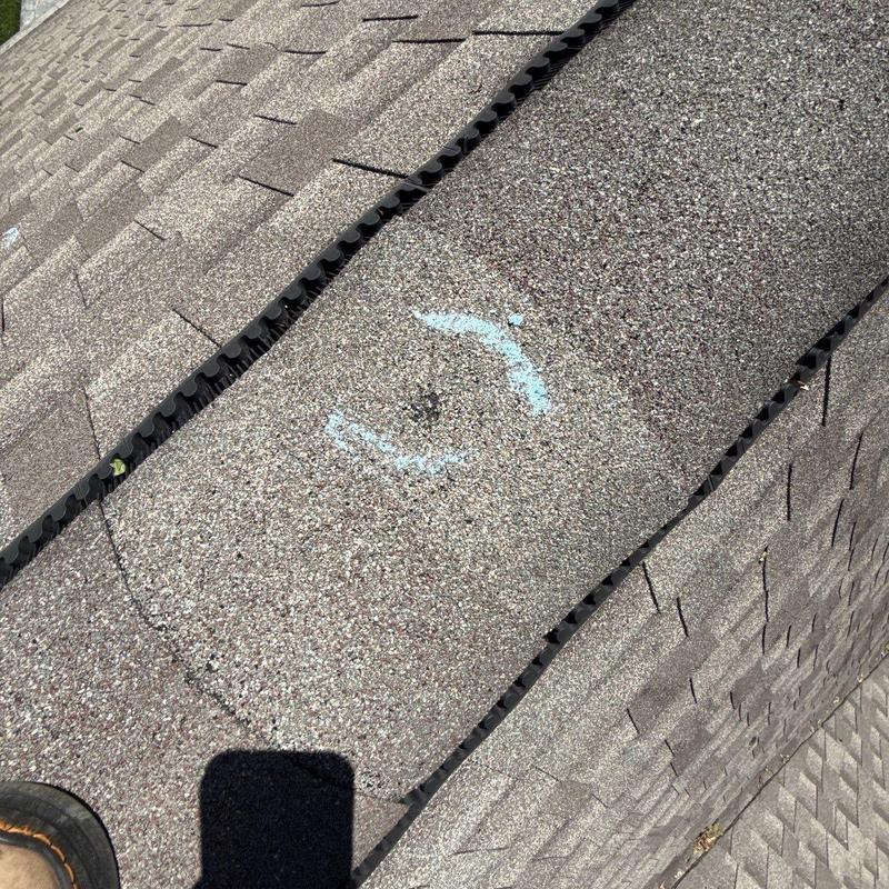 Asphalt roof shingle with marked hail damage