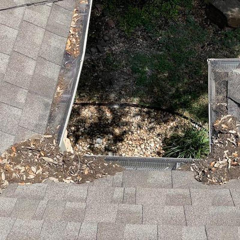 Gutter guards with leaf debris on shingle roof Gutter guards with leaf debris on shingle roof