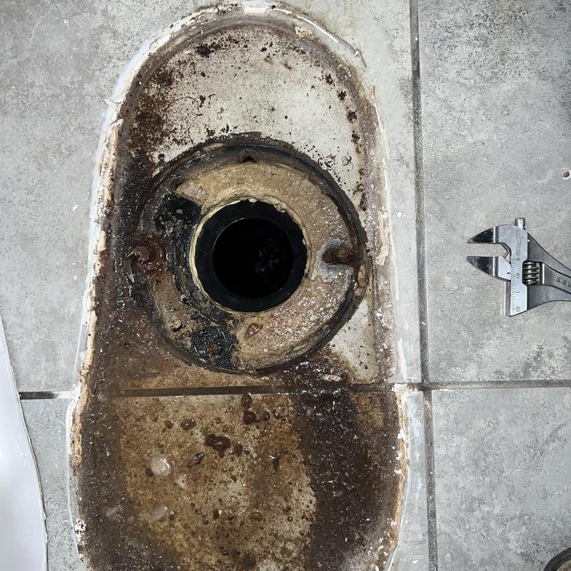 Toilet flange and wax ring with adjustable wrench nearby