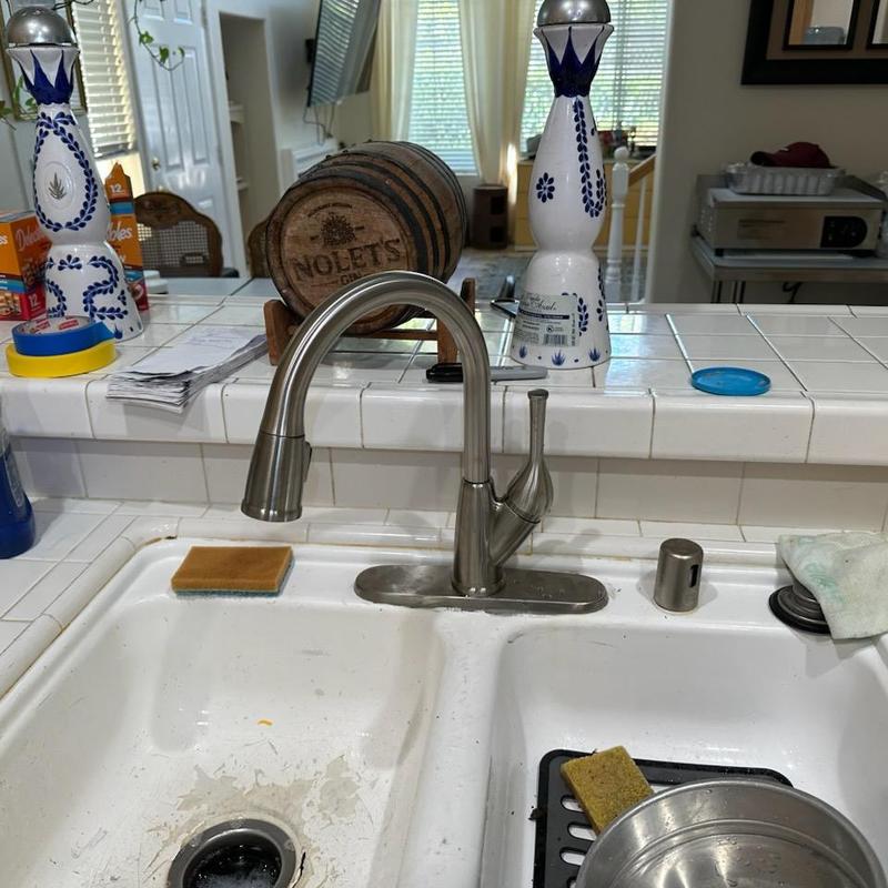 Delta kitchen faucet with pull-down sprayer installed