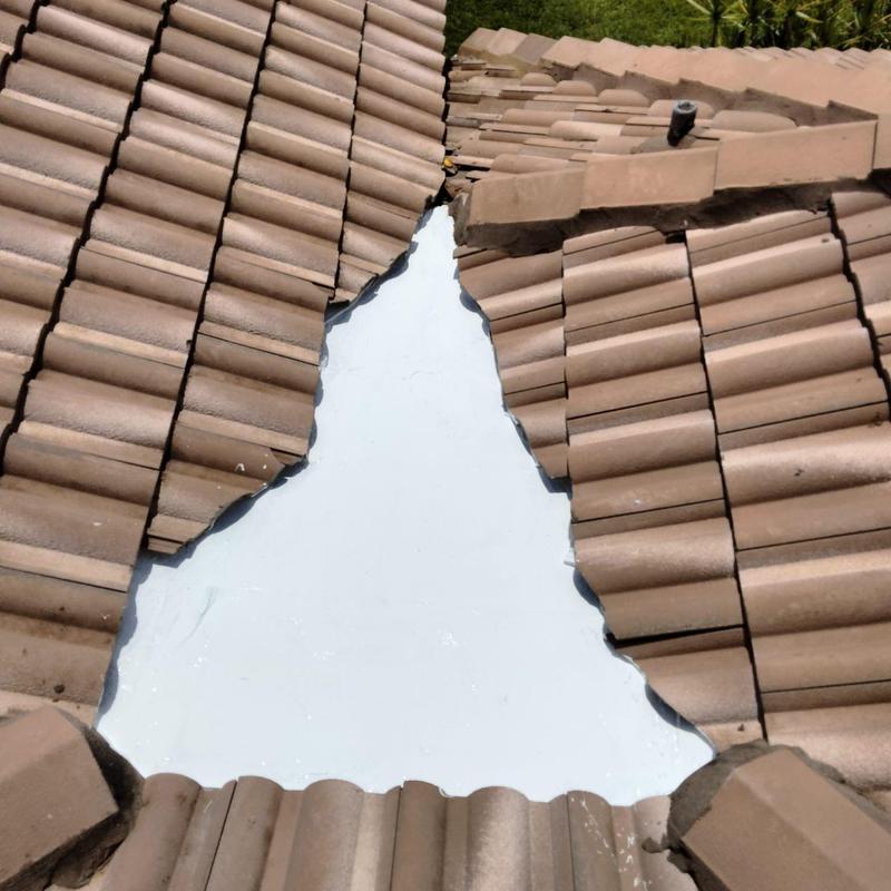 Concrete tile roof with patched leak and coating