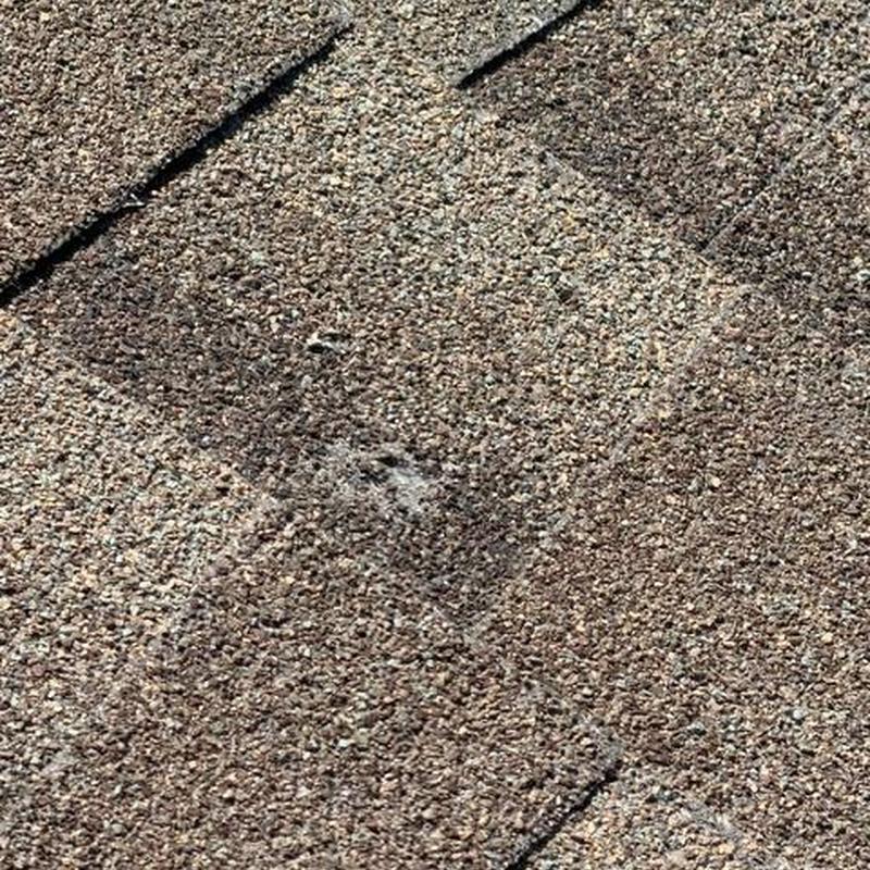 Asphalt roof shingles with hail damage spot