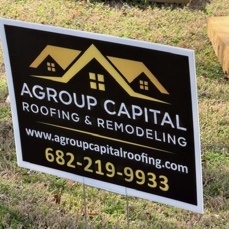 Roofing company yard sign with contact info