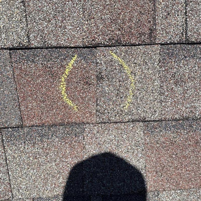 Roof shingles with hail damage marked in yellow