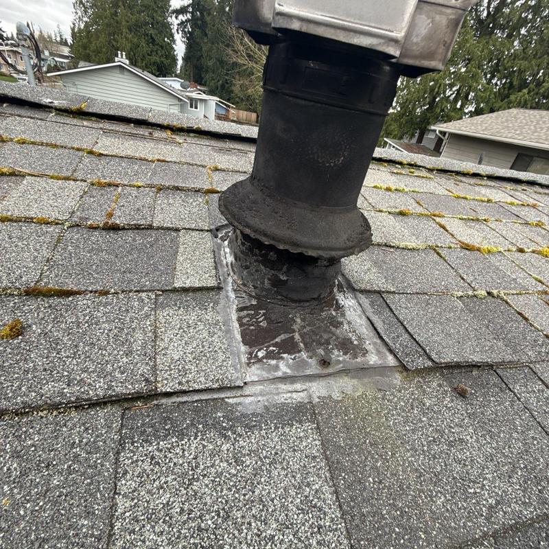 Vent pipe flashing on asphalt shingle roof with moss