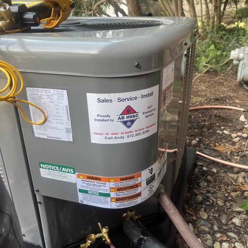 AC condenser unit with new installation labels