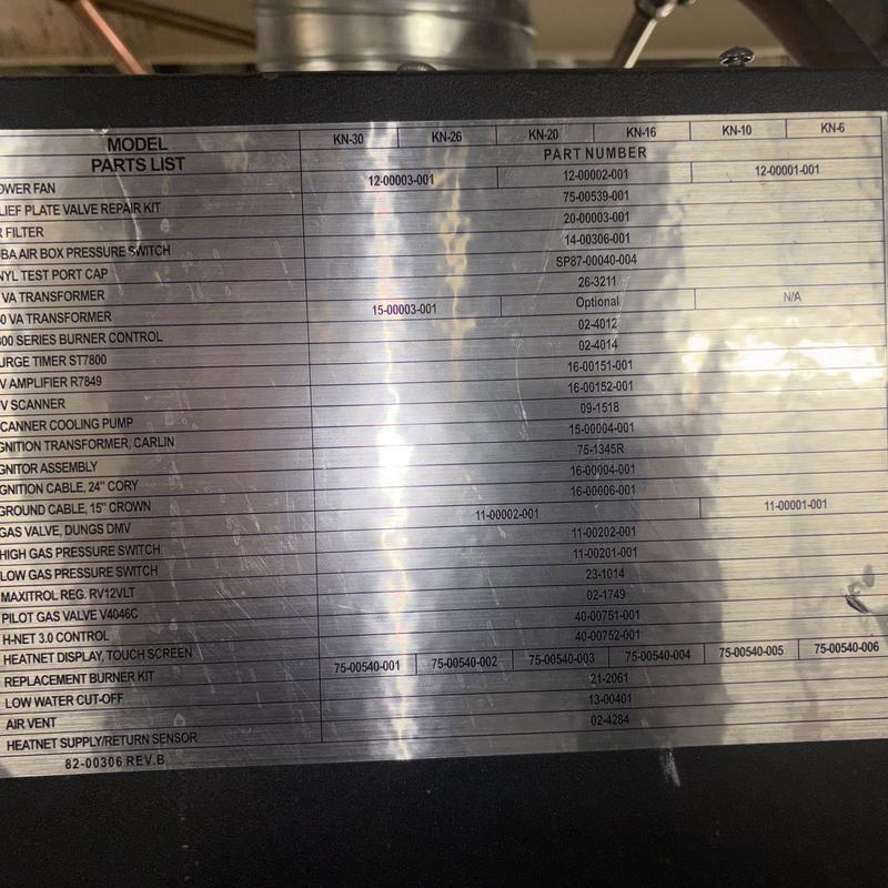 Heater model parts list plate with part numbers