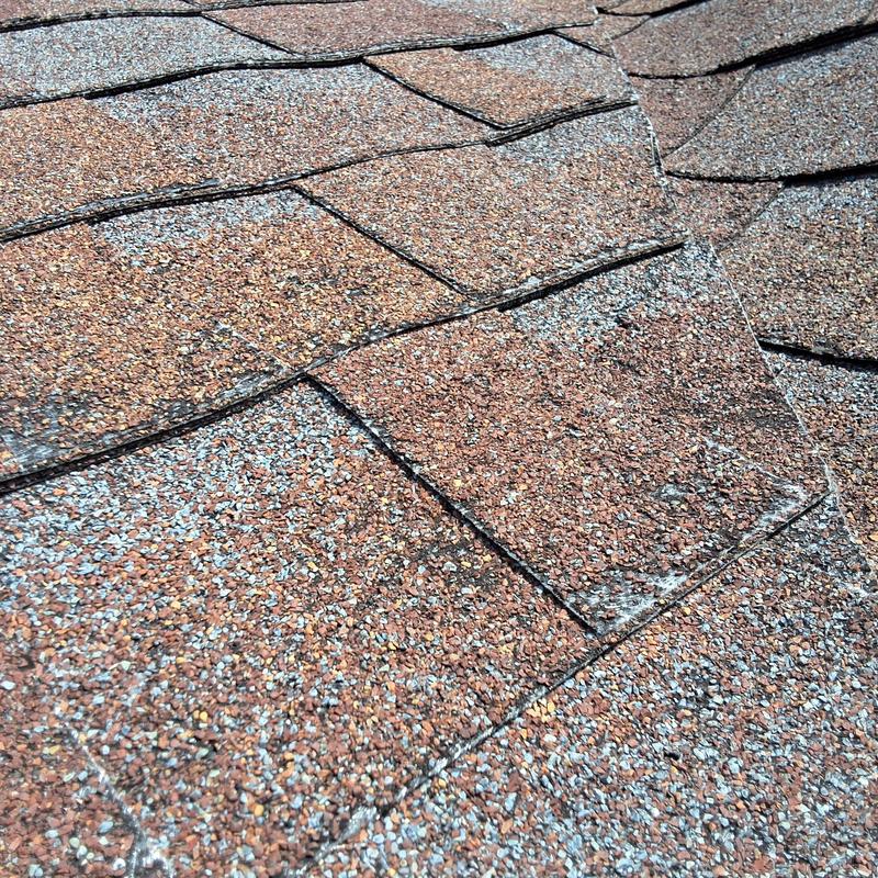 Asphalt shingles with wind and hail damage close-up