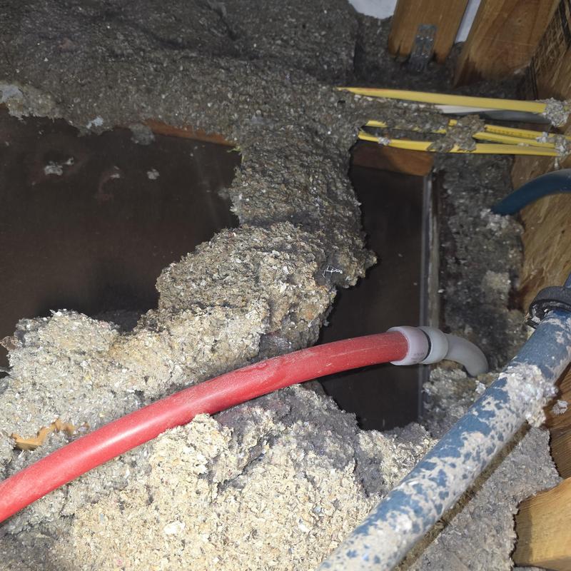 Pex water line leaking inside attic ceiling cavity Pex water line leaking inside attic ceiling cavity