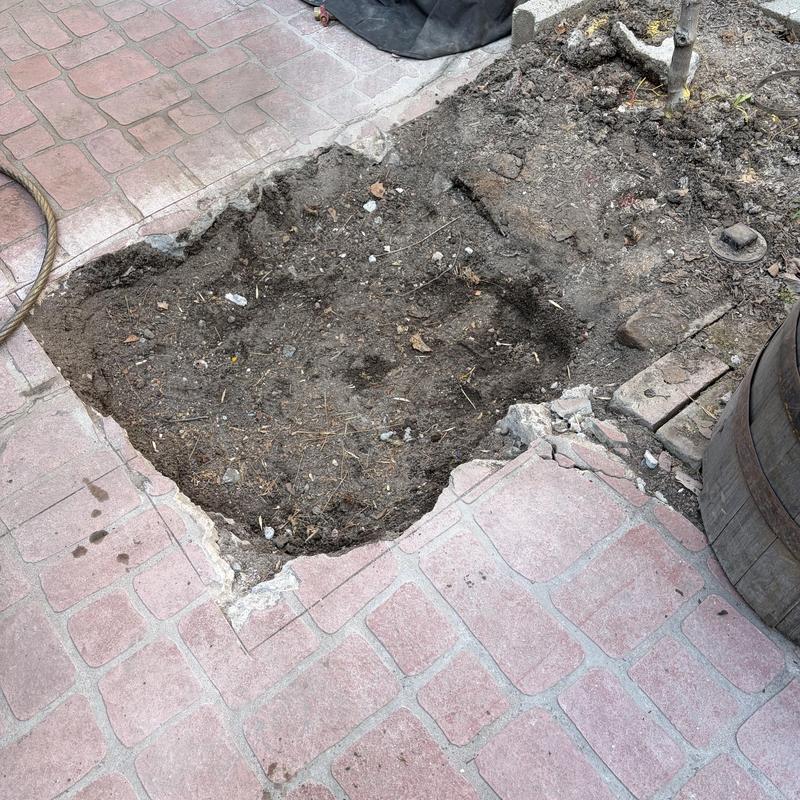 Sewer main excavation and soil trench in patio Sewer main excavation and soil trench in patio