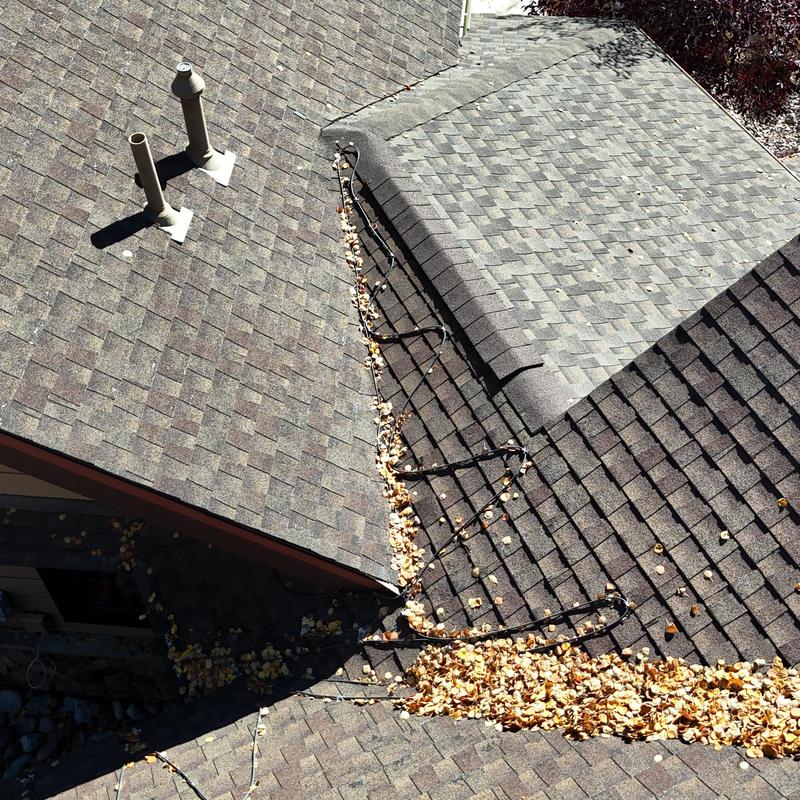 Asphalt shingle roof with heat tape and leaf debris Asphalt shingle roof with heat tape and leaf debris