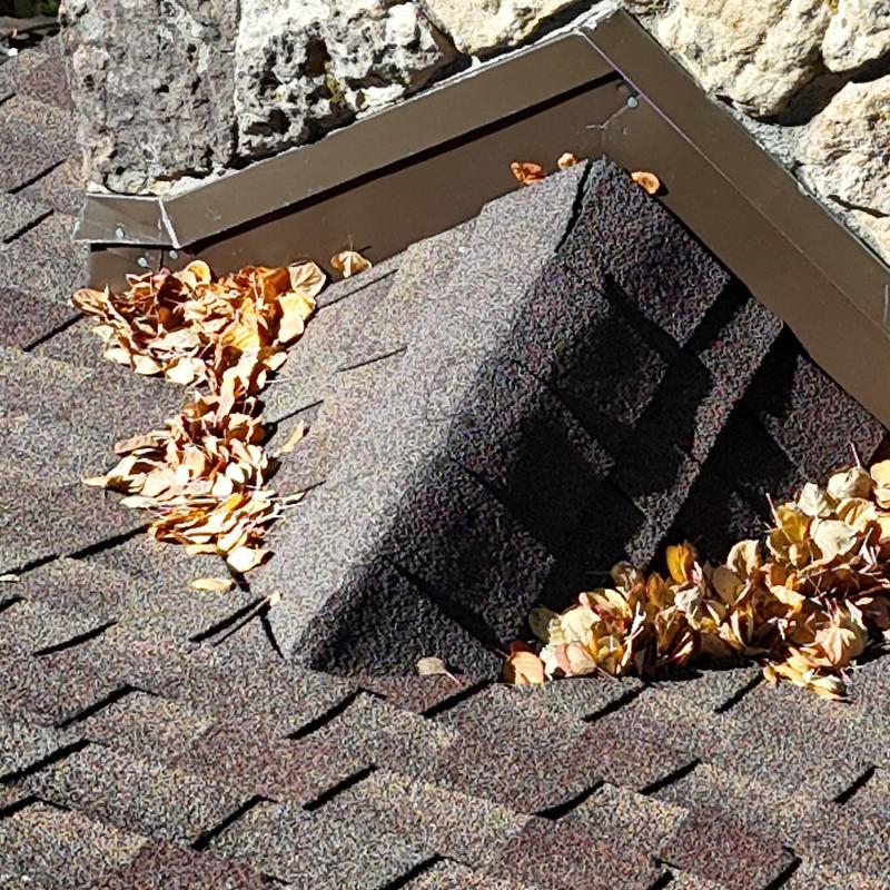 Asphalt shingle roof vent with leaf debris buildup Asphalt shingle roof vent with leaf debris buildup