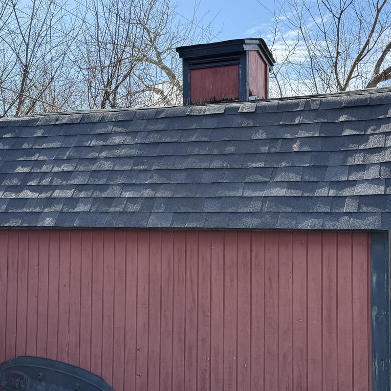 Three-dimensional architectural shingle roof on barn shed