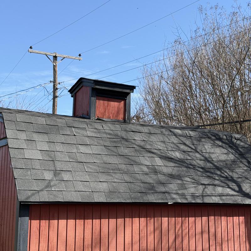 Three dimensional architectural shingle roof on barn shed