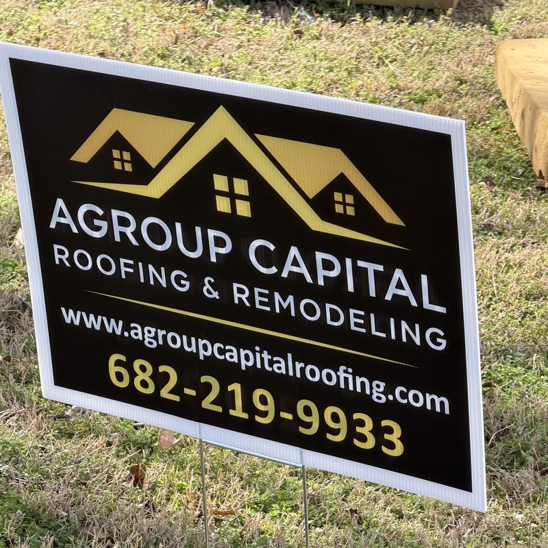 Architectural shingle roof installation sign in yard
