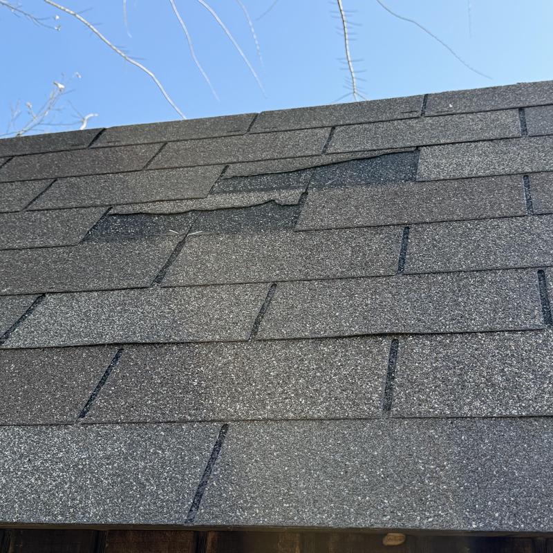Asphalt shingle roof with hail damage and lifted tabs