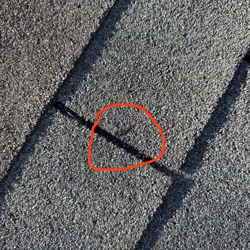 Asphalt shingle roof with crack marked in red circle