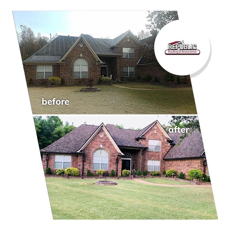 Designer asphalt shingle roof and seamless gutters upgrade