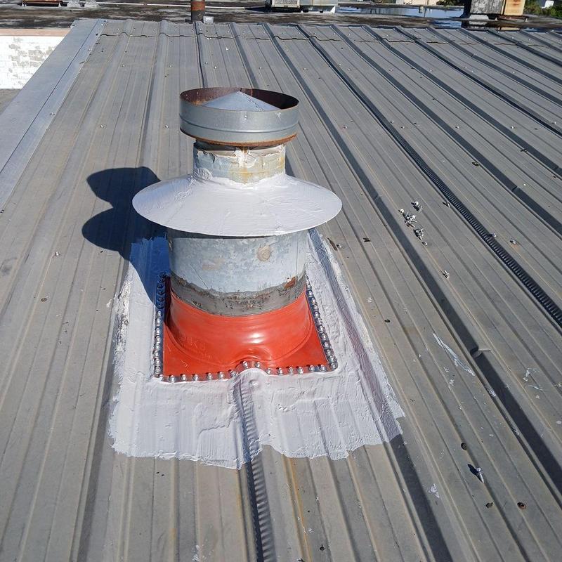 Metal roof pipe flashing with sealant and fasteners