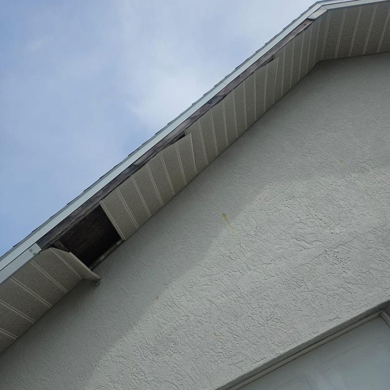 Soffit and fascia damage with missing panels