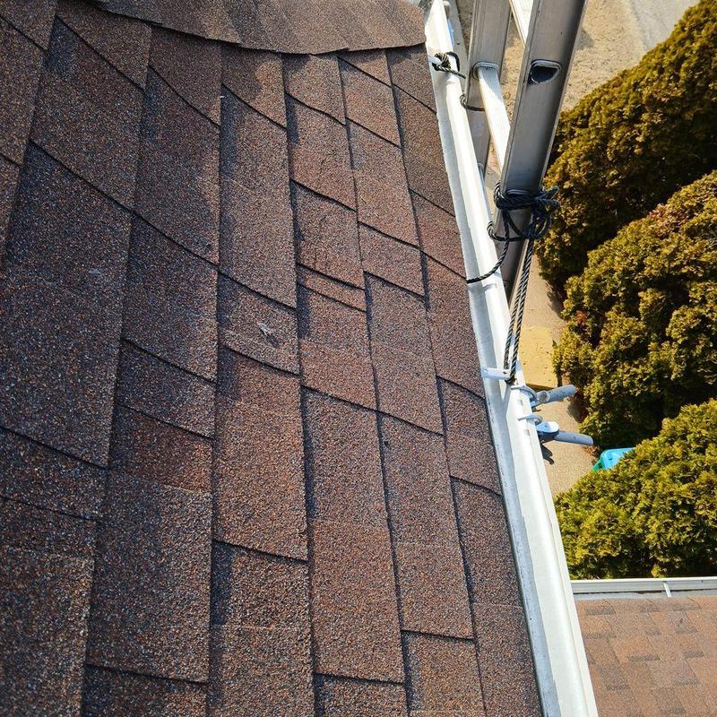 Asphalt shingle roof with gutter and safety ladder setup