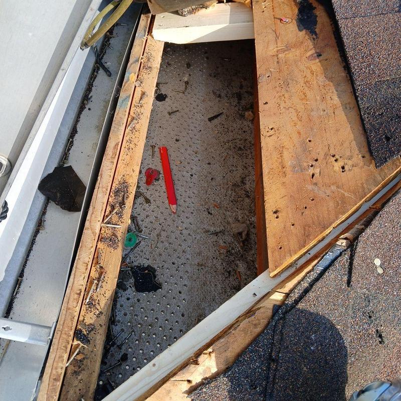 Roof framing repair with added wood and shingle replacement