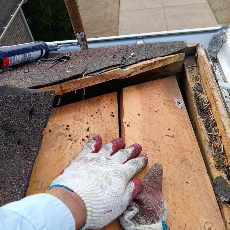 Roof framing repair with asphalt shingles and caulk tube