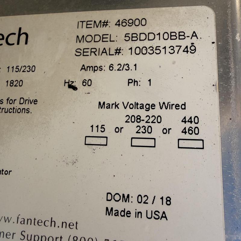 Exhaust fan motor label with electrical specifications