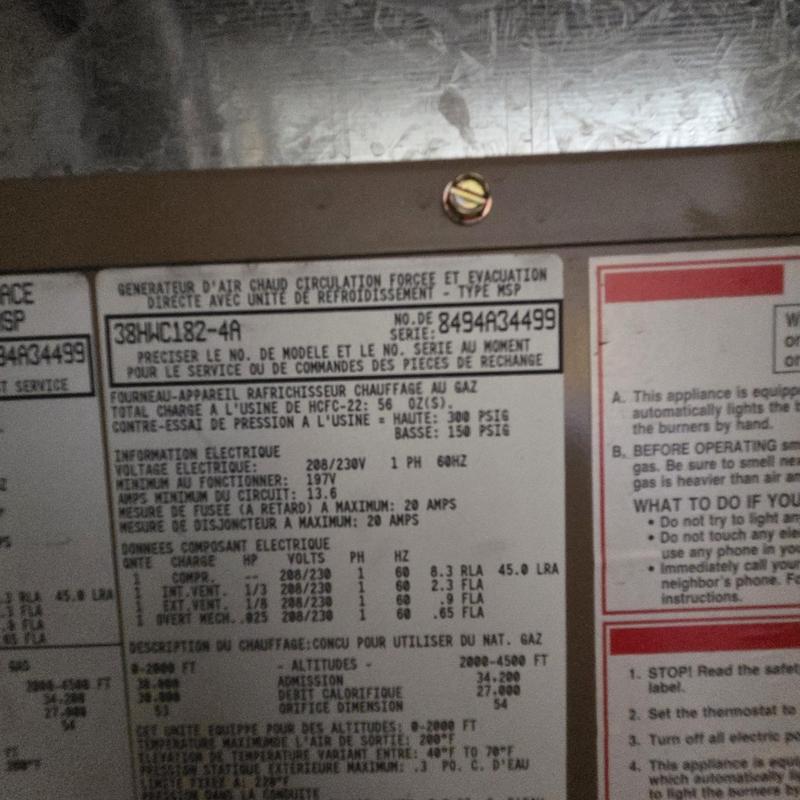 Gas furnace model 38HWC182-4A label and specs