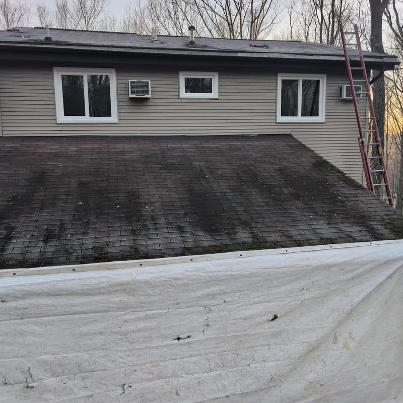 Asphalt shingle roof with ladder and protective tarp Asphalt shingle roof with ladder and protective tarp
