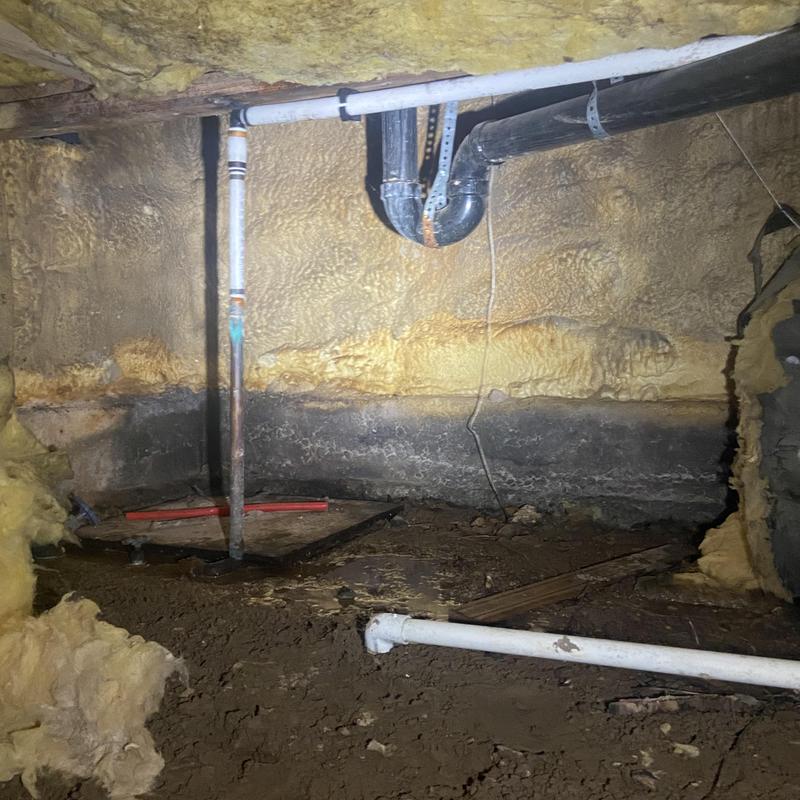Shower drain pipes and connections in insulated crawl space