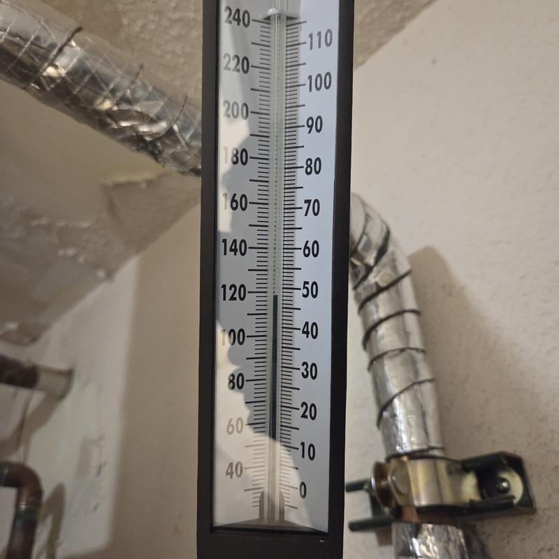 Water heater temperature gauge showing 115 degrees Fahrenheit