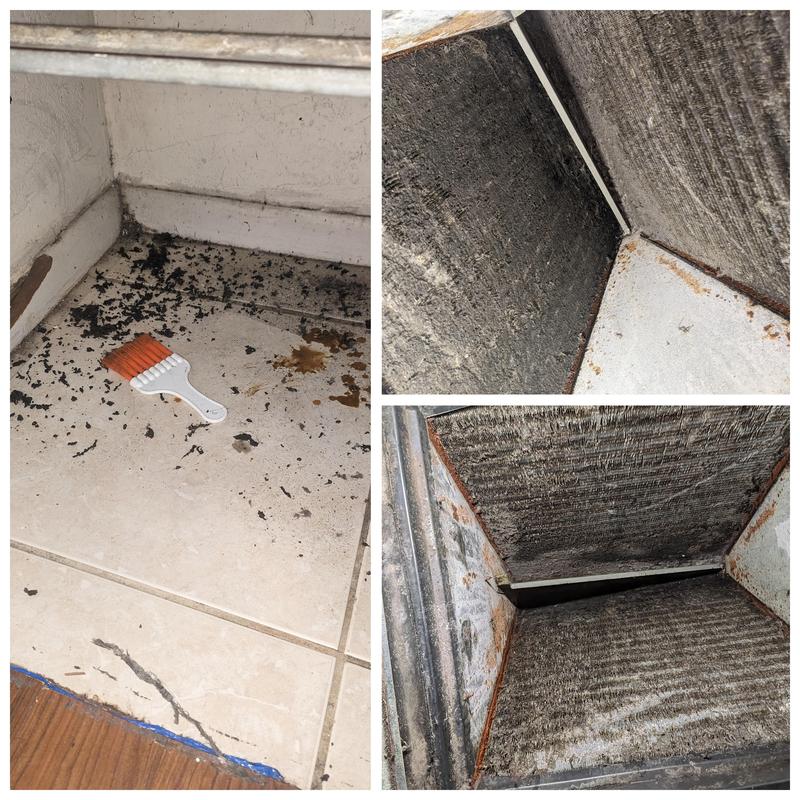 AC evaporator coil frozen and dirty with cleaning brush