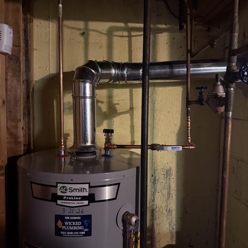 Water heater with vent and copper piping in basement Water heater with vent and copper piping in basement
